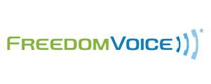 FreedomVoice logo with sound wave icons.